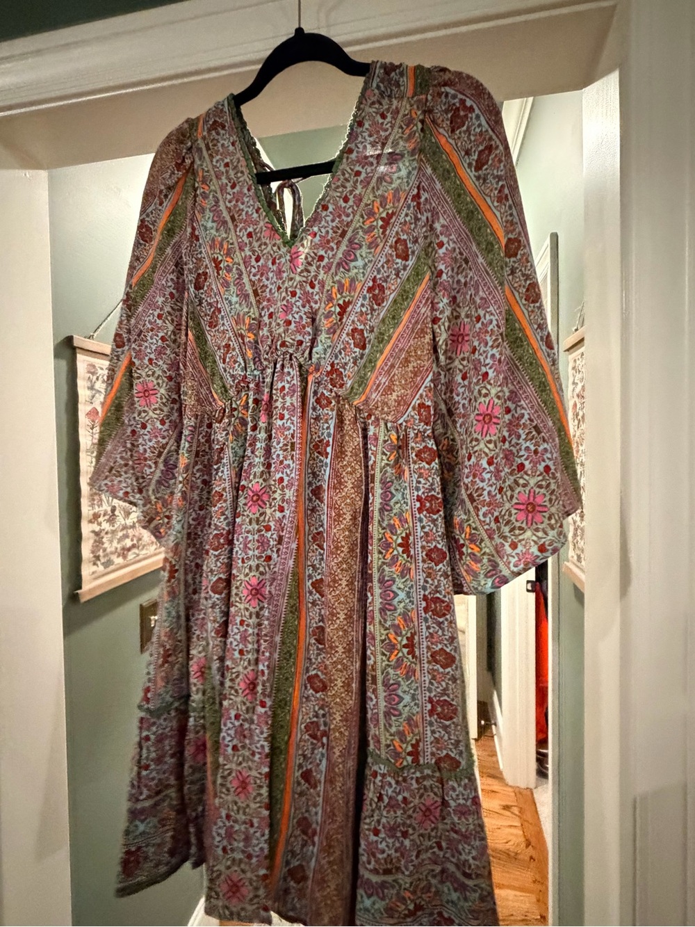 easel Printed Boho Mini Dress in Pink, Green & Orange